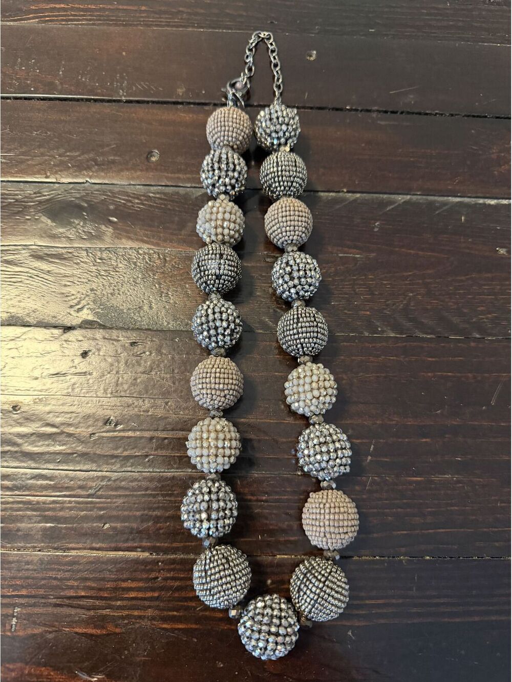 Chico’s Statement Necklace Chunky Beaded Neutral Gray Cream Silver Tone